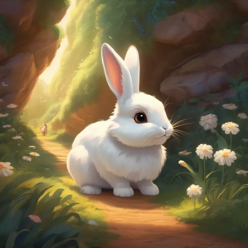 A small, fluffy white bunny with big brown eyes and long ears arrives in the magical Dreamland.