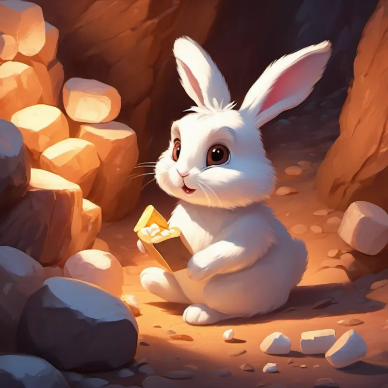 A small, fluffy white bunny with big brown eyes and long ears enjoys the marshmallow pile and finds a cave.