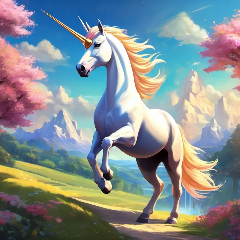 Introduction of setting, world description, and unicorn Majestic unicorn, sparkling horn, protector