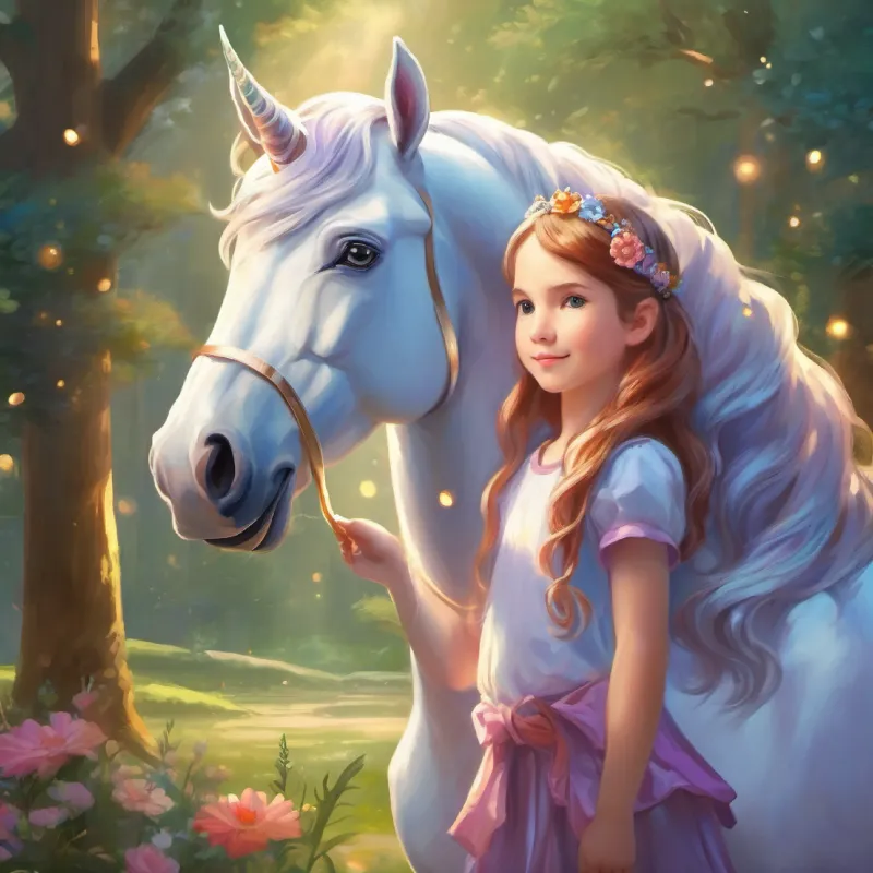 Majestic unicorn, sparkling horn, protector's physical description and introduction of the young girl