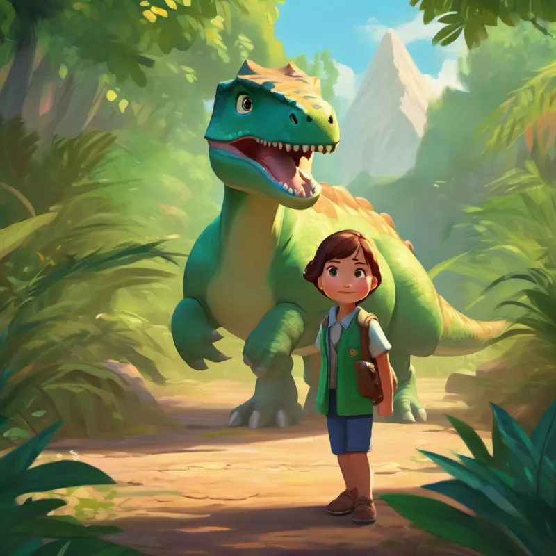 Dinosaurs become peaceful, Brown hair, green eyes, brave girl feels safe and supported