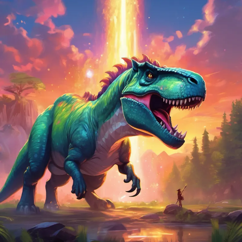 Dangerous setting with T-Rex, Majestic unicorn, sparkling horn, protector's protective action