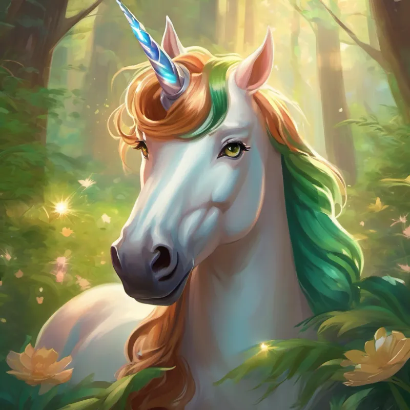 Majestic unicorn, sparkling horn, protector uses magic to protect, Brown hair, green eyes, brave girl feels safe