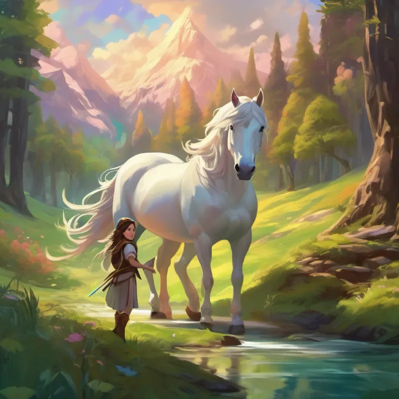 Majestic unicorn, sparkling horn, protector and Brown hair, green eyes, brave girl's journey through dangerous lands