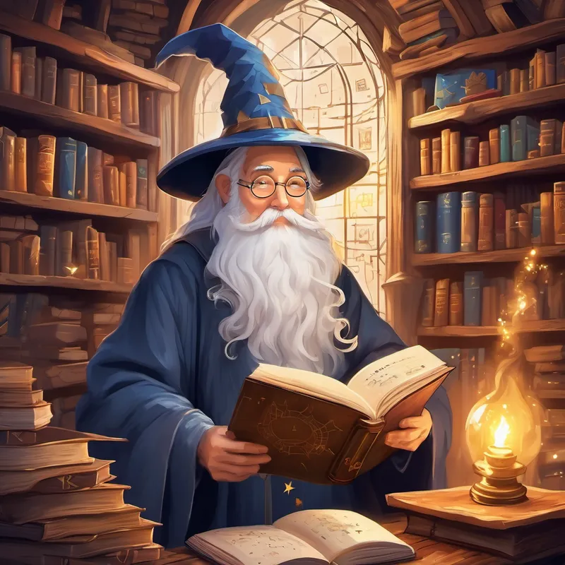 Friendly wizard with white beard, old hat with stars and equations the algebraic wizard in his magical cottage surrounded by books.