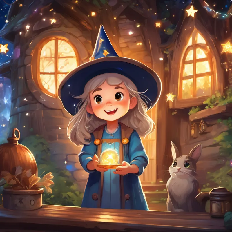 Curious girl with spark of excitement, holding magical bracelet discovering Friendly wizard with white beard, old hat with stars and equations's magical cottage and their first meeting.
