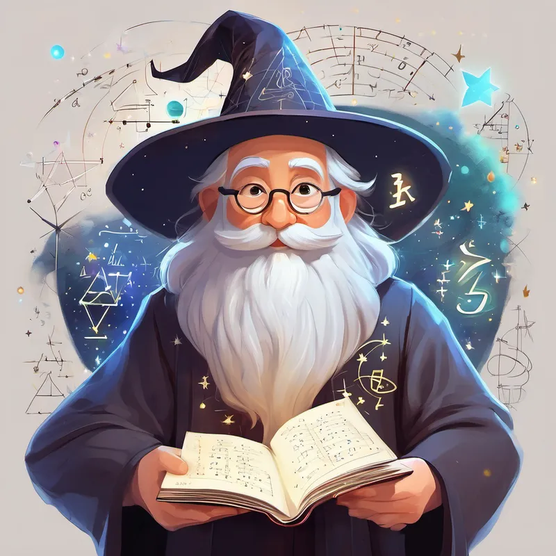 Friendly wizard with white beard, old hat with stars and equations and Curious girl with spark of excitement, holding magical bracelet studying equations and solving math puzzles together.