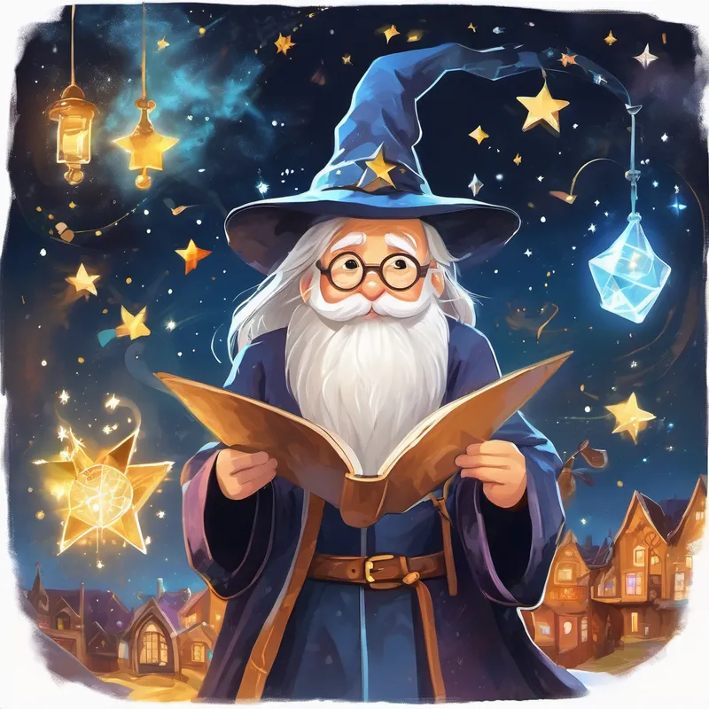 Friendly wizard with white beard, old hat with stars and equations and Curious girl with spark of excitement, holding magical bracelet encountering a tricky puzzle and finding a clue.