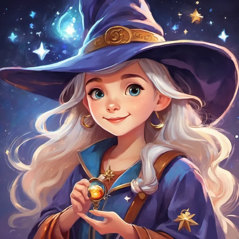 Friendly wizard with white beard, old hat with stars and equations presenting Curious girl with spark of excitement, holding magical bracelet with a magical bracelet and their farewell.