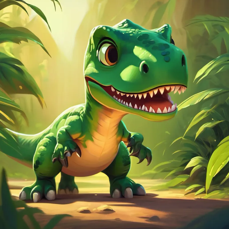 Tiny T-Rex, green with excitement in her big, friendly brown eyes looking at the bigger dinosaurs, feeling unsure but hopeful.