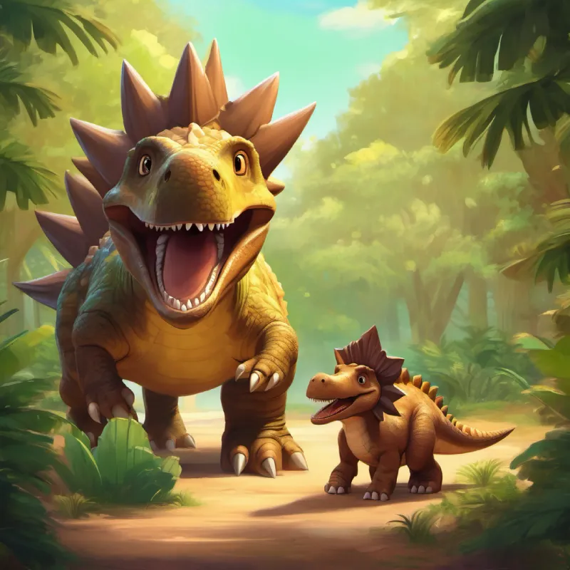 Large Stegosaurus, gentle, with brown plates and kind, encouraging eyes, a smiling Stegosaurus, encouraging Tiny T-Rex, green with excitement in her big, friendly brown eyes during their conversation.