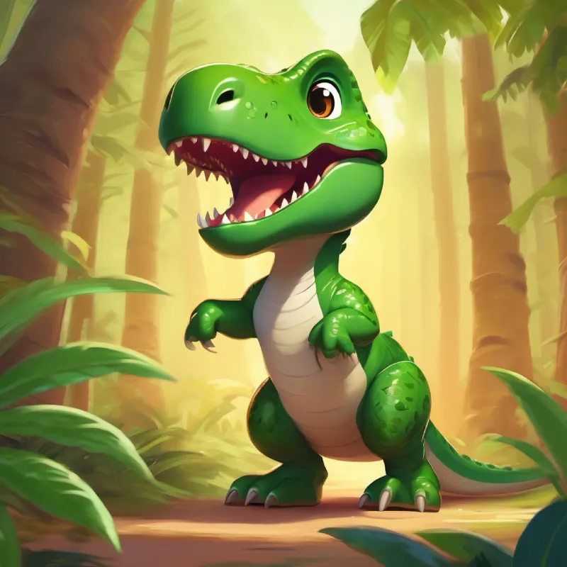 Tiny T-Rex, green with excitement in her big, friendly brown eyes exercising in various ways, showing determination and having fun.
