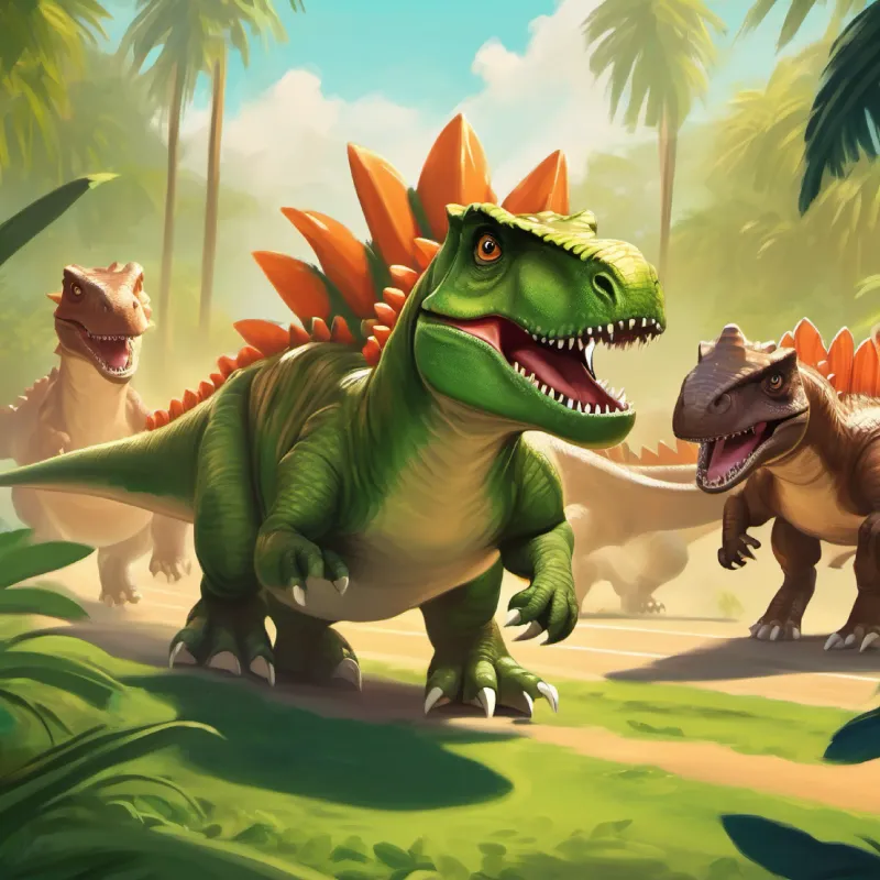 Race day, with Tiny T-Rex, green with excitement in her big, friendly brown eyes nervous at the starting line, Large Stegosaurus, gentle, with brown plates and kind, encouraging eyes supporting her.