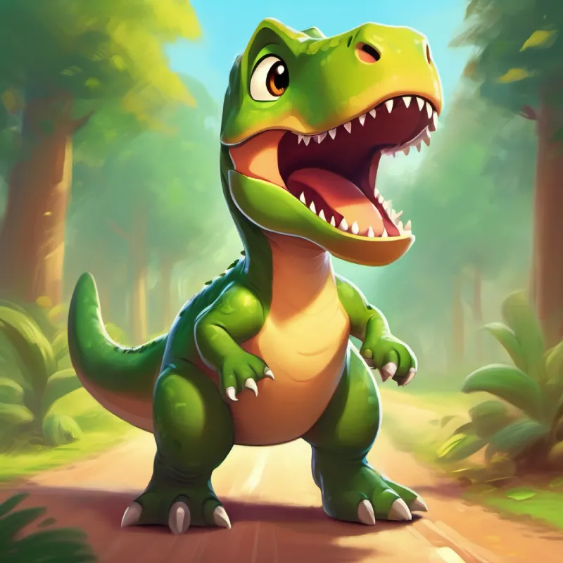 Tiny T-Rex, green with excitement in her big, friendly brown eyes racing, looking tired but not giving up, recalling her friend's encouragement.