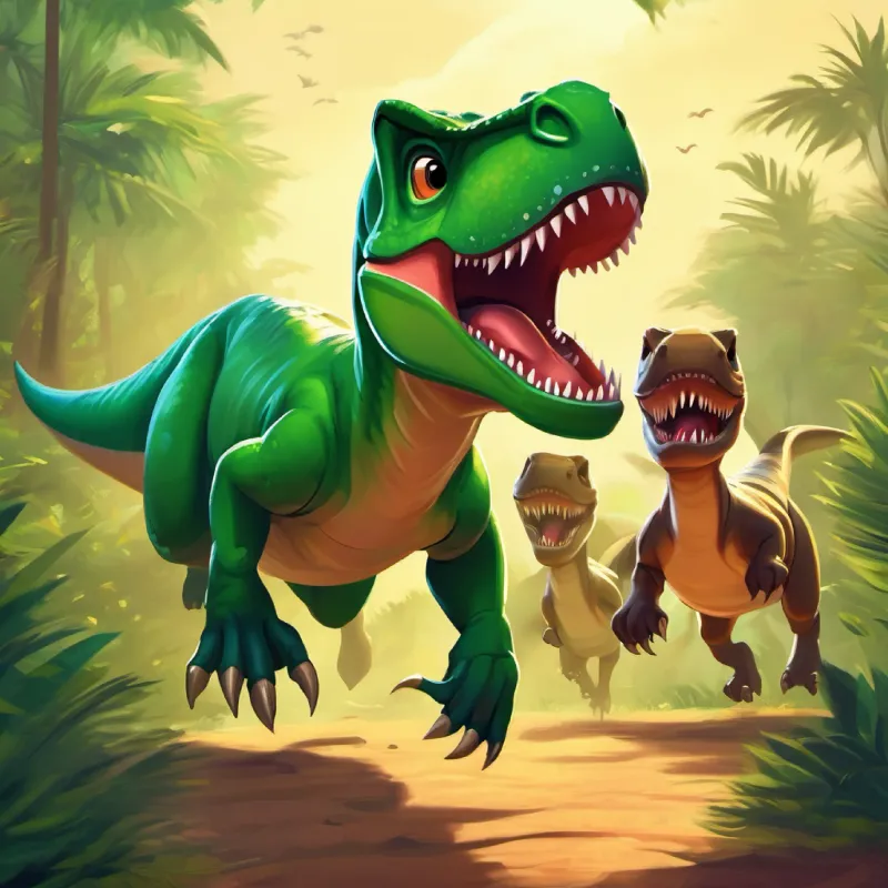 The race finish, Tiny T-Rex, green with excitement in her big, friendly brown eyes winning, all the dinosaurs celebrating her victory.