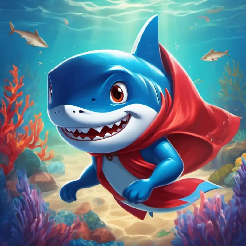 Introduction to A shark with bright blue skin, a red cape, and a toothbrush in his fin's character in the deep ocean, setting and motivation, with colorful illustrations of A shark with bright blue skin, a red cape, and a toothbrush in his fin flying with his toothbrush.