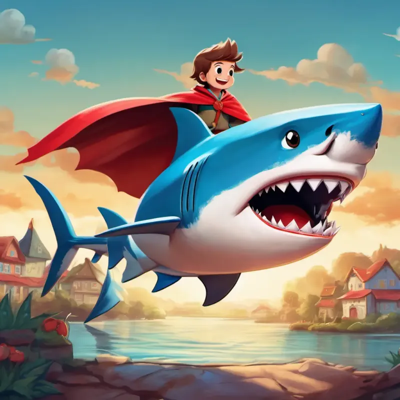 A shark with bright blue skin, a red cape, and a toothbrush in his fin's arrival at Smilesville, a town with unhappy kids, their dirty teeth, and frowns.