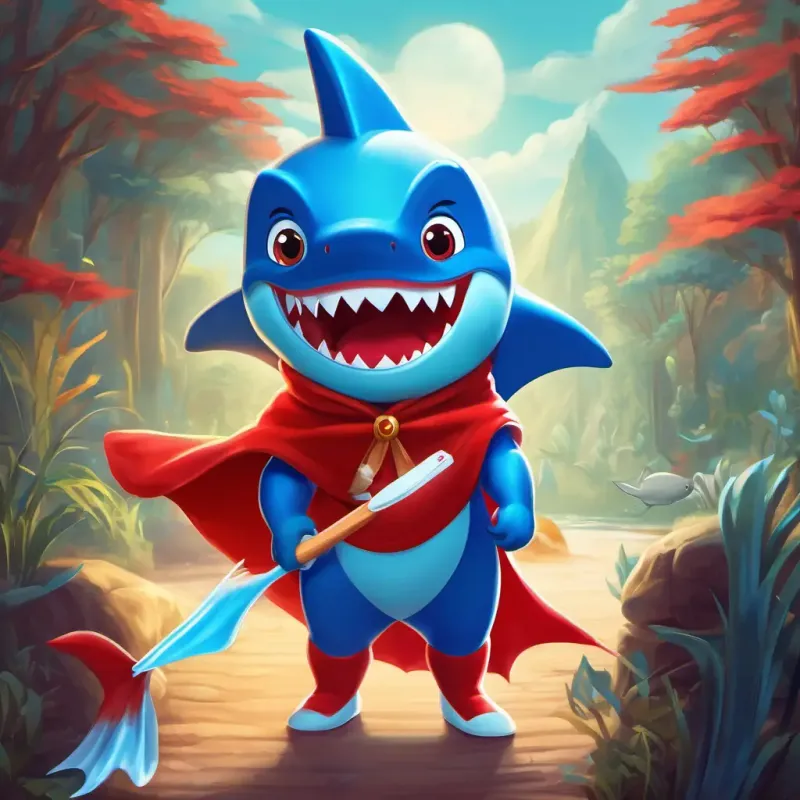 Introduction of A shark with bright blue skin, a red cape, and a toothbrush in his fin to the kids of Smilesville, with their amazement and A shark with bright blue skin, a red cape, and a toothbrush in his fin's positive message.