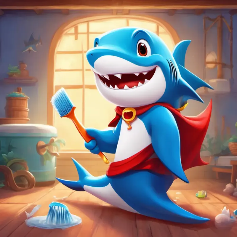 A shark with bright blue skin, a red cape, and a toothbrush in his fin's fun tooth-brushing lessons and the transformation of the kids from frowning to smiling.