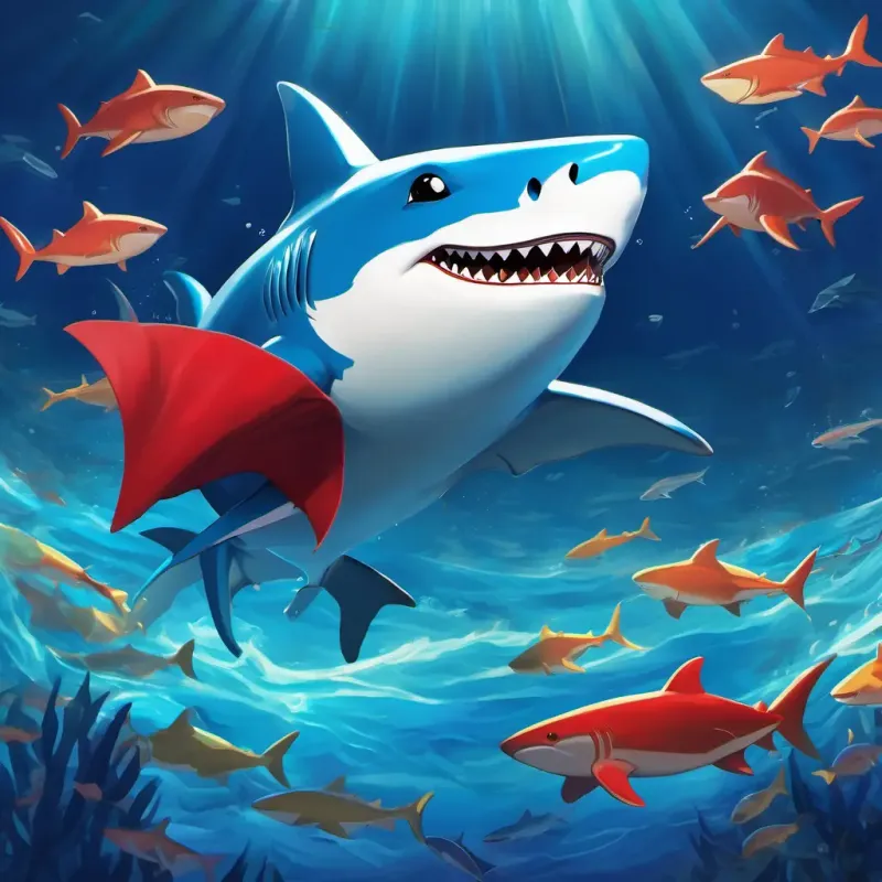 A shark with bright blue skin, a red cape, and a toothbrush in his fin's popularity spreads, gathering a crowd and becoming a beloved hero of the ocean.
