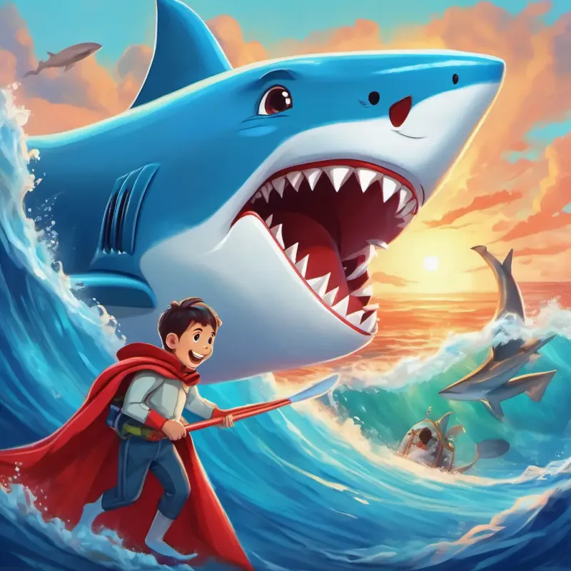A shark with bright blue skin, a red cape, and a toothbrush in his fin's triumphant return to the ocean and his dedication to his mission of promoting dental hygiene to all sea creatures.