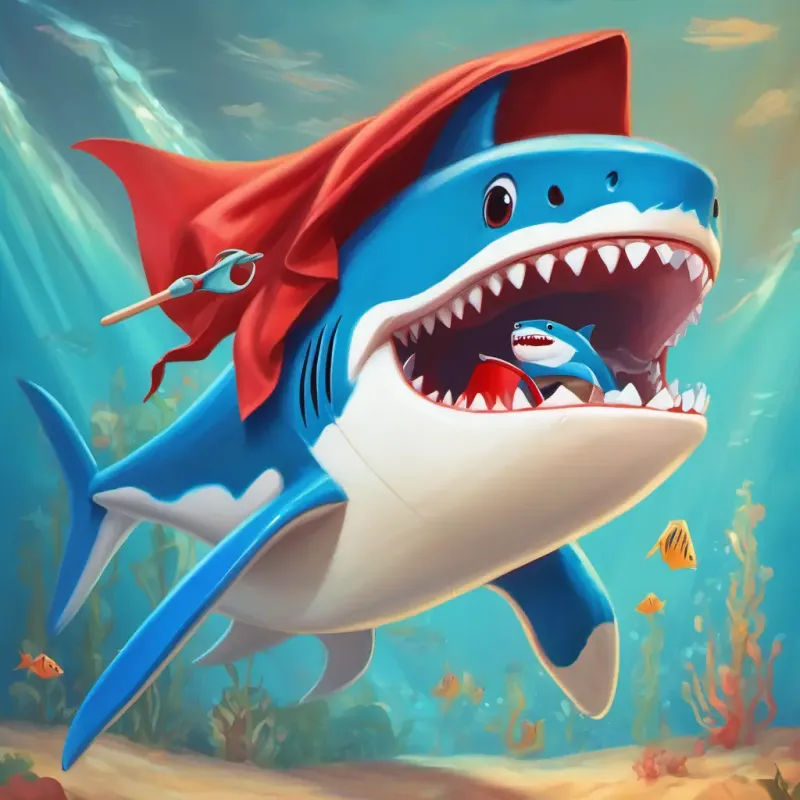 Closing the story with a reminder of A shark with bright blue skin, a red cape, and a toothbrush in his fin's message and the importance of dental hygiene.
