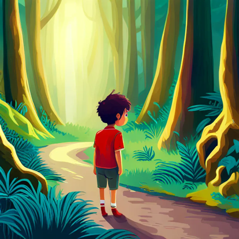 Curious boy with mixed heritage, wearing bright colors entering a magical, enchanted forest