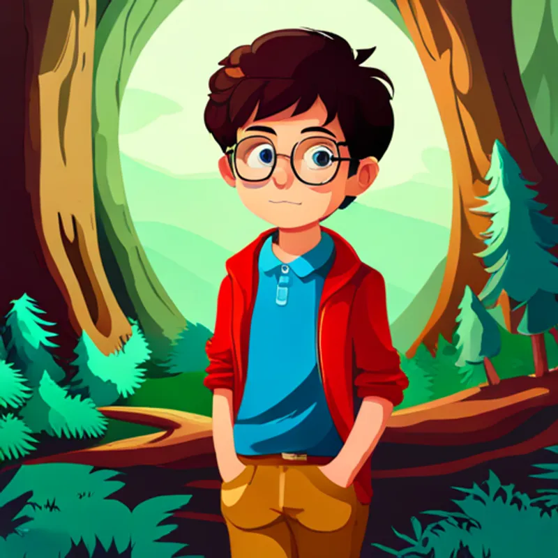 Curious boy with mixed heritage, wearing bright colors with a Wise owl with big eyes and feathers, wearing glasses in the enchanted forest