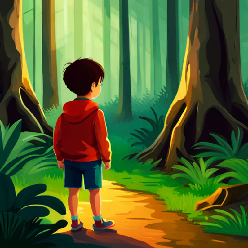 Curious boy with mixed heritage, wearing bright colors making a wish in the enchanted forest