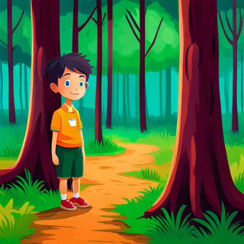 Curious boy with mixed heritage, wearing bright colors wishing for happiness and harmony in the enchanted forest
