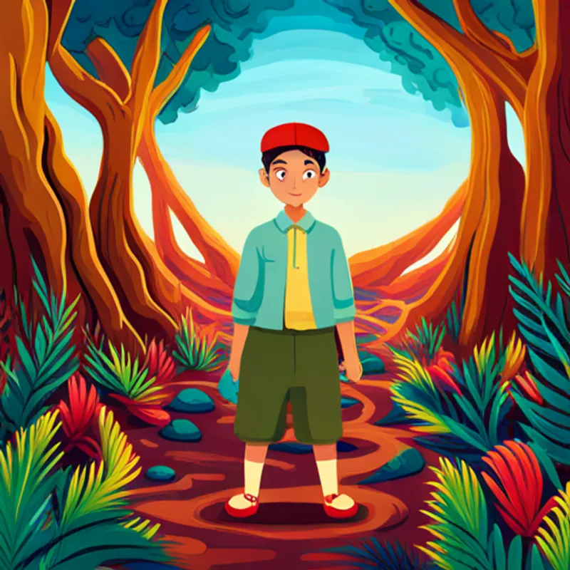 Peace spreading across the world with Curious boy with mixed heritage, wearing bright colors in the enchanted forest