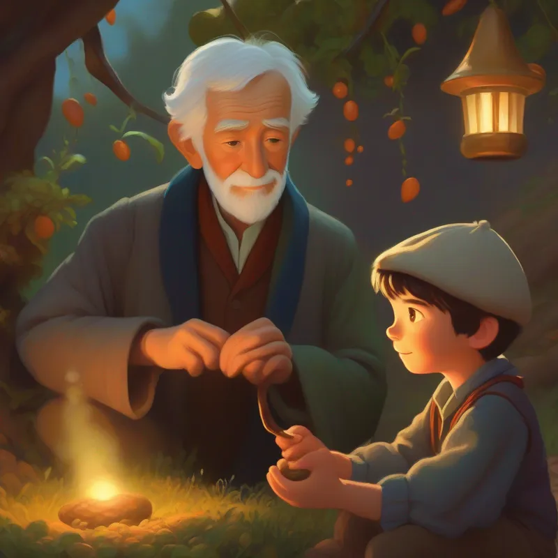 Curious and determined young boy, wearing worn-out clothes meets an old man and gets three magic beans.