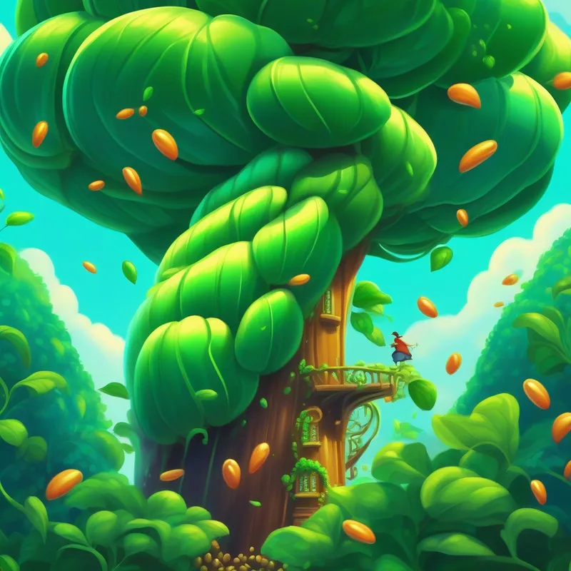 A gigantic beanstalk grows from the magic beans.