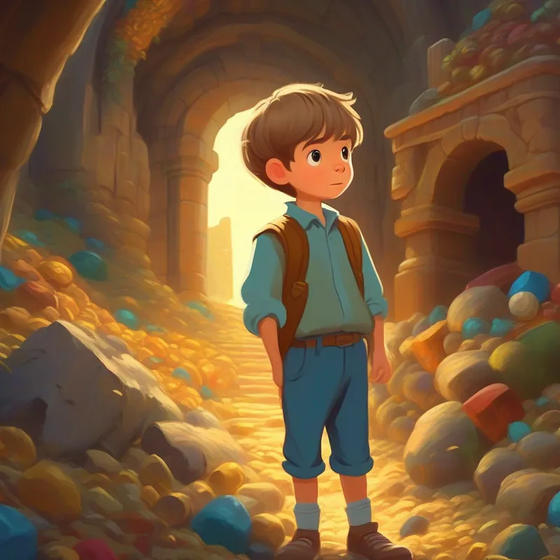 Curious and determined young boy, wearing worn-out clothes discovers the treasures in the giant's castle.