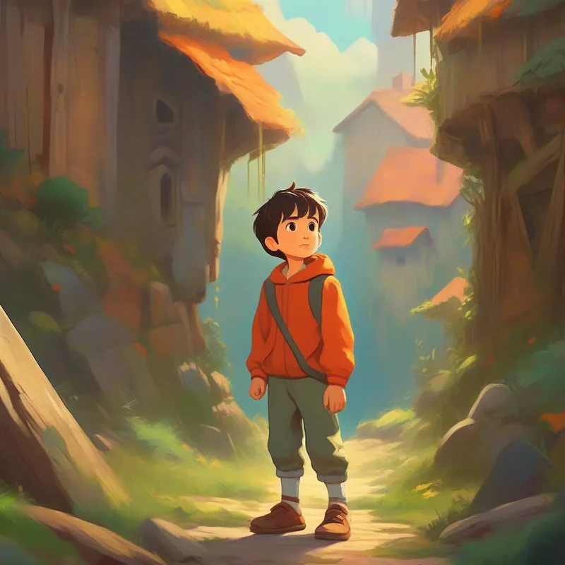 Curious and determined young boy, wearing worn-out clothes outsmarts the giant and saves himself and his family.
