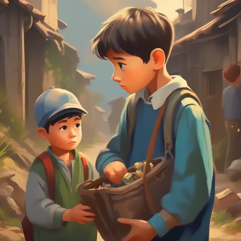 Curious and determined young boy, wearing worn-out clothes and his mother overcome poverty with their newfound treasures.