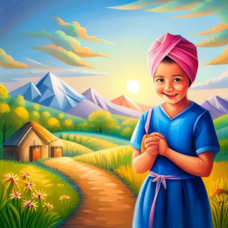 A little boy with a kind heart and determined spirit, wearing a blue turban meets A gentle and kind girl with a bright smile, dressed in a pink dress, a new girl in the village