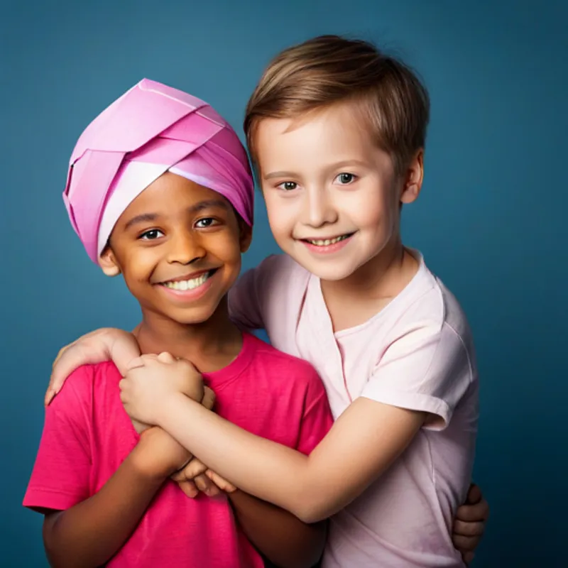 A little boy with a kind heart and determined spirit, wearing a blue turban's growing friendship with A gentle and kind girl with a bright smile, dressed in a pink dress