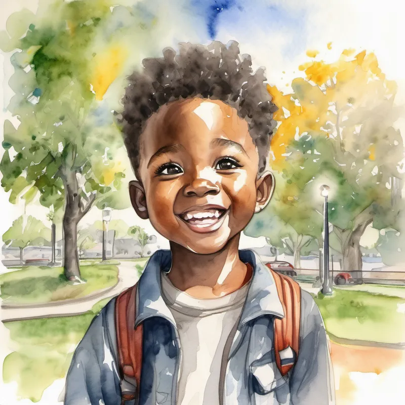 Black boy with communication challenges, kind smile at the park, bright lights and loud noises