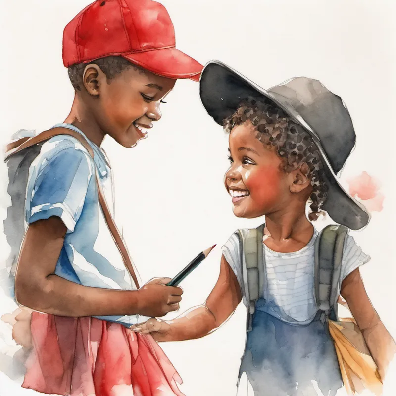 Black boy with communication challenges, kind smile bumps into Girl with a caring heart, always wearing a red hat