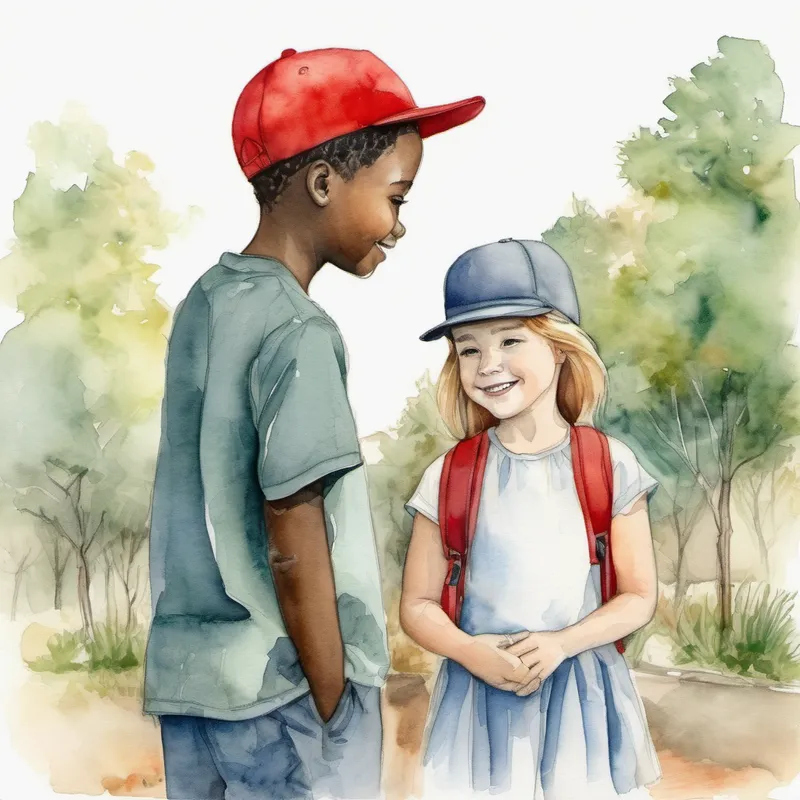 Girl with a caring heart, always wearing a red hat sees Black boy with communication challenges, kind smile's communication challenges