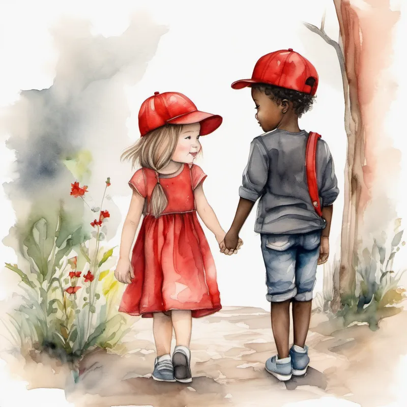 Girl with a caring heart, always wearing a red hat holding Black boy with communication challenges, kind smile's hand, playing together