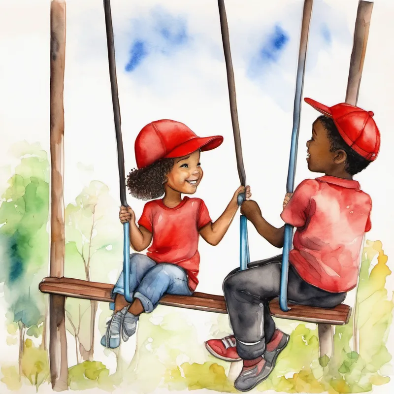 Girl with a caring heart, always wearing a red hat pushes Black boy with communication challenges, kind smile on the swings