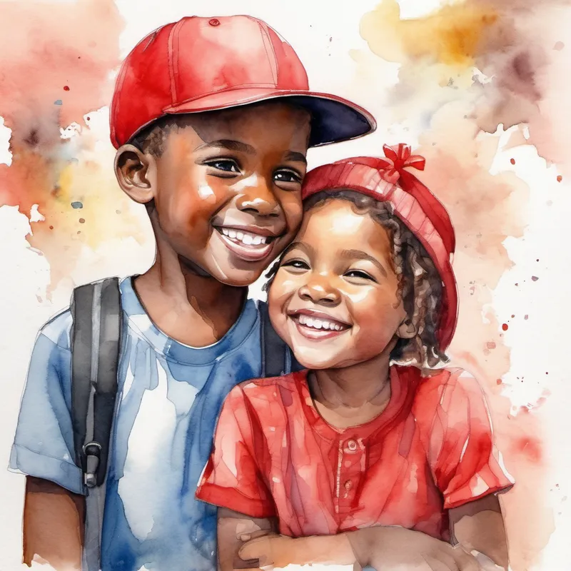 Black boy with communication challenges, kind smile smiles and says thank you to Girl with a caring heart, always wearing a red hat