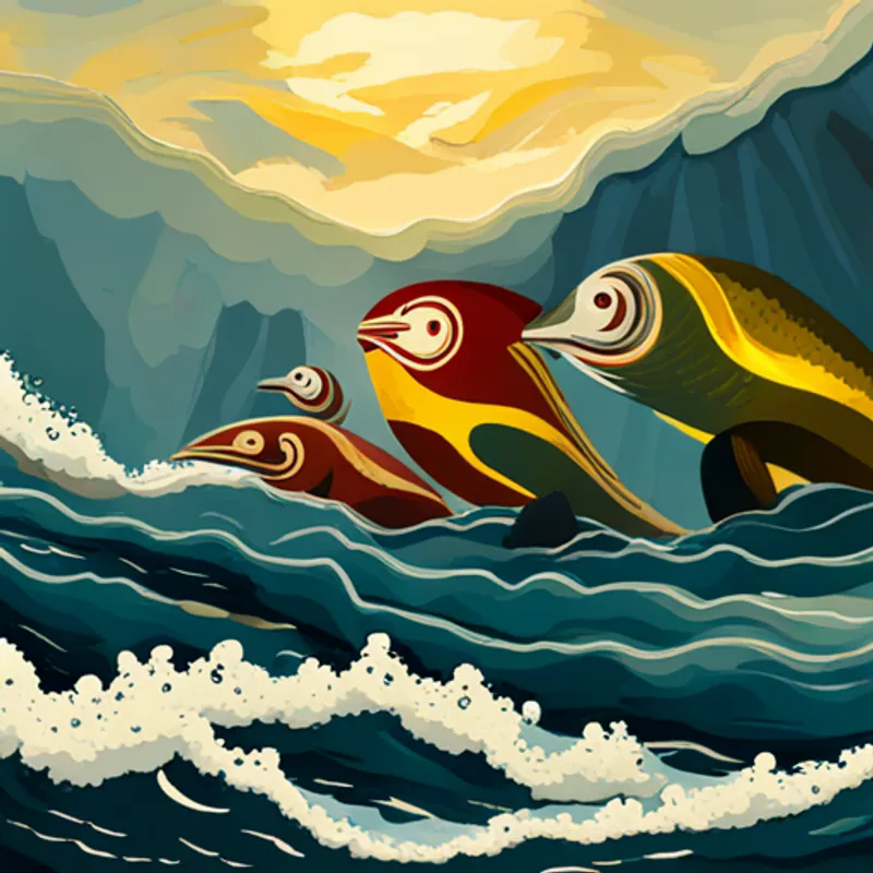 El Un pez azul con aletas doradas canta. rodeado de rayos y olas gigantes