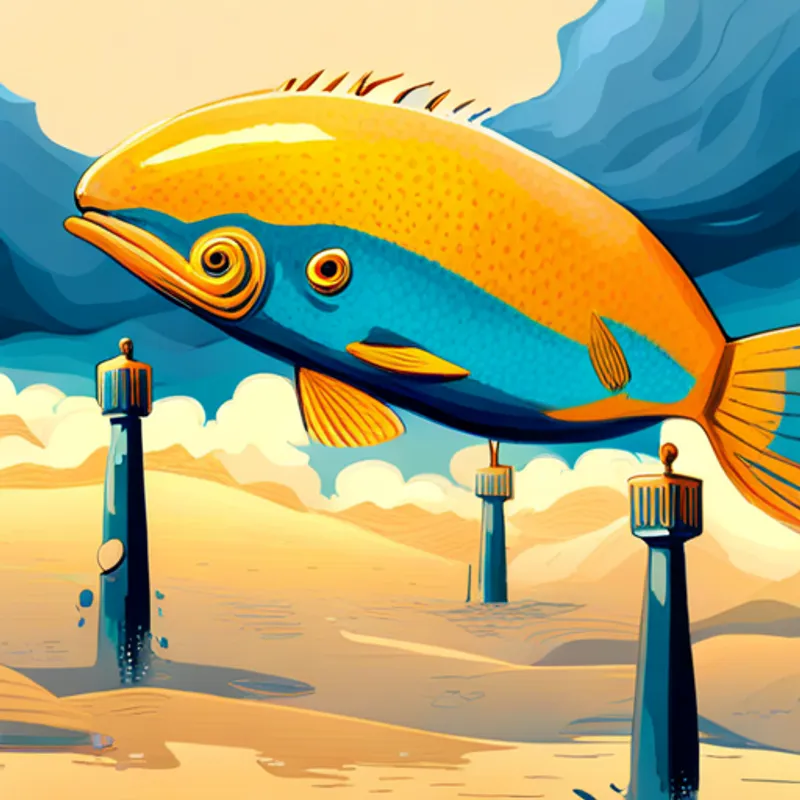 El Un pez azul con aletas doradas canta. nadando hacia los rayos y vientos fuertes