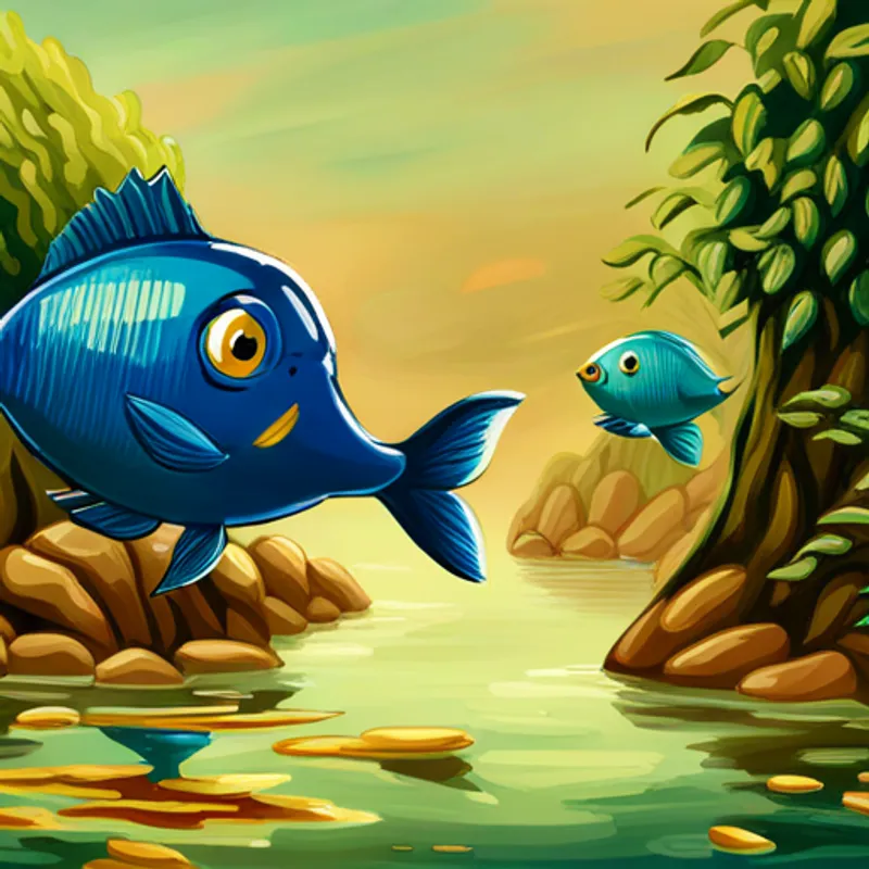 El Un pez azul con aletas doradas canta. nadando en aguas tranquilas y cristalinas