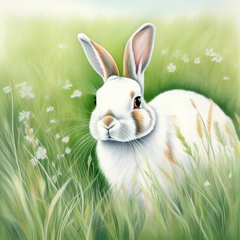 Curious bunny, white fur with brown patches, perky floppy ears the bunny, soft white fur, floppy ears, in a green meadow
