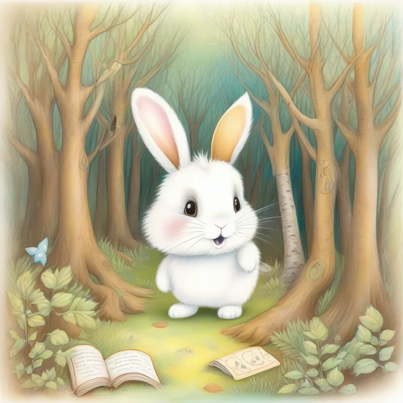 Curious bunny, white fur with brown patches, perky floppy ears finds a treasure map, forest with talking trees
