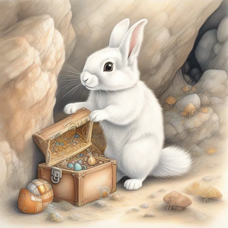 Curious bunny, white fur with brown patches, perky floppy ears finds a cave with a treasure chest and meets a squirrel